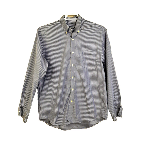 Nautica Button Down Shirt Men's Large Slim Fit Blue Stripe Cotton Preppy Work - Picture 1 of 8